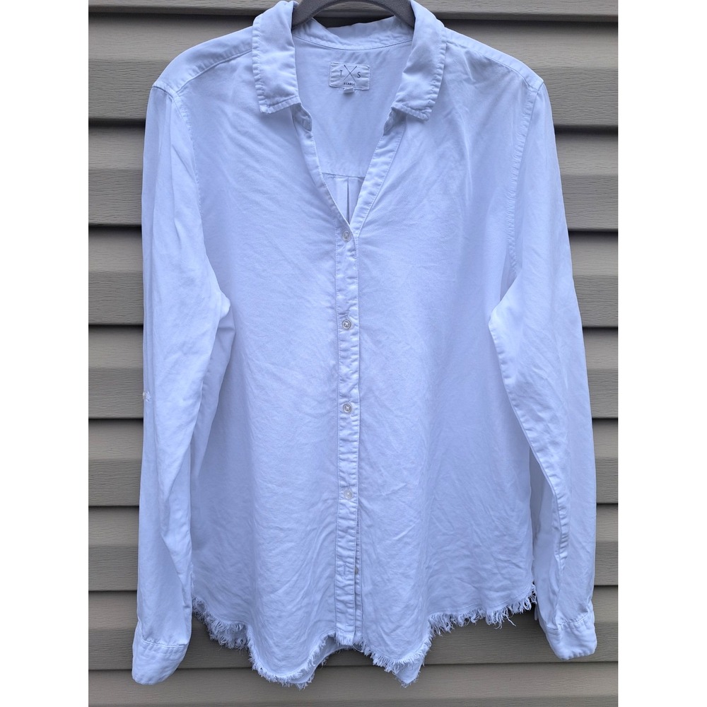 T & S Womens XL White Lyocell Tencel Button Up Shirt Frayed Raw Hem Blouse Top